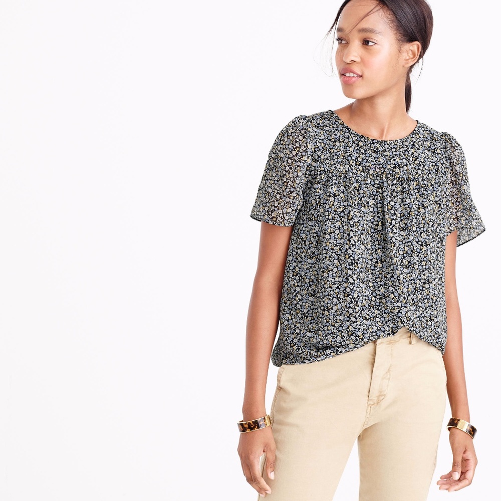 J. Crew Navy Floral Short-Sleeve Blouse